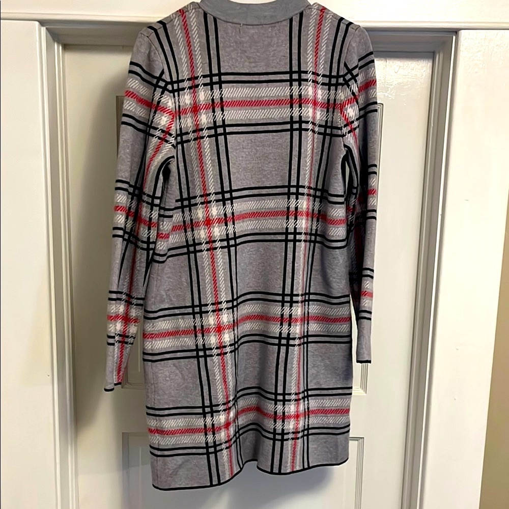 Gray and Red Plaid Open Cardigan Shacket - Picture 3 of 3